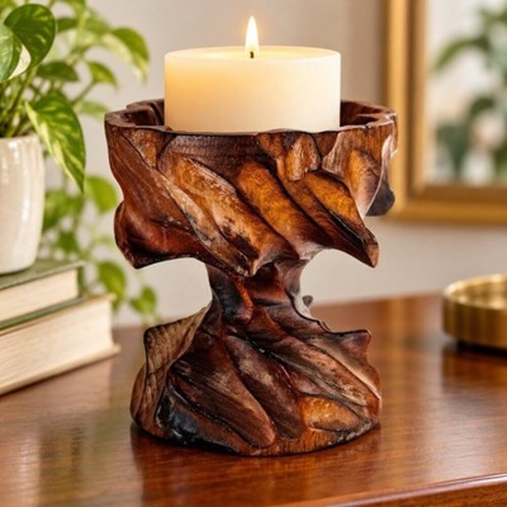 Vintage MCM Hand Carved Wood Candle Holder Pedestal Leaf Design Mid Century